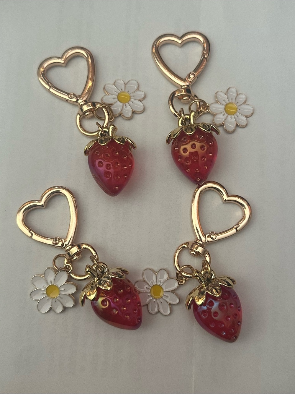 Gold Heart Keychain with Red Strawberry and White Daisy Charm (4pack)